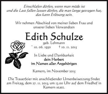 Traueranzeige von Edith Schulze (geb. Lehmann)  von Magdeburger Volksstimme