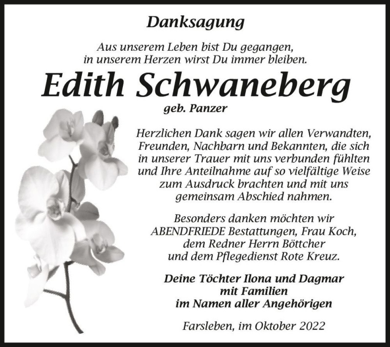  Traueranzeige für Edith Schwaneberg (geb. Panzer)  vom 22.10.2022 aus Magdeburger Volksstimme