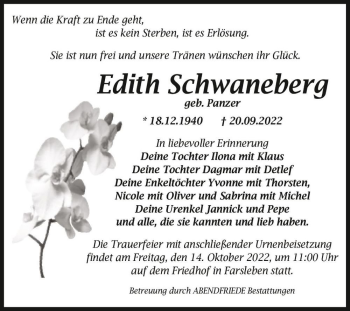 Traueranzeige von Edith Schwaneberg (geb. Panzer)  von Magdeburger Volksstimme