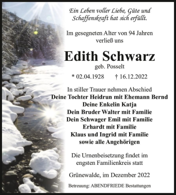 Traueranzeige von Edith Schwarz (geb. Posselt)  von Magdeburger Volksstimme