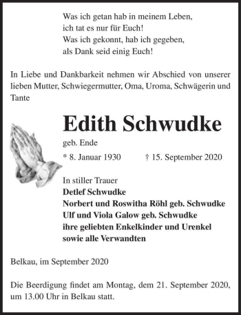 Traueranzeige von Edith Schwudke (geb. Ende)  von Magdeburger Volksstimme
