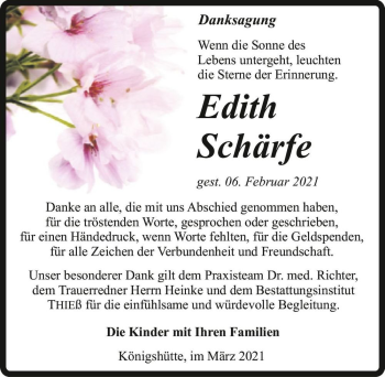 Traueranzeige von Edith Schärfe  von Magdeburger Volksstimme