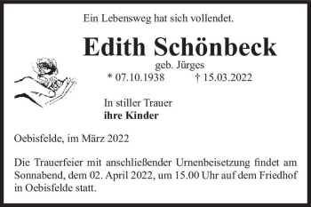 Traueranzeige von Edith Schönbeck (geb. Jürges)  von Magdeburger Volksstimme