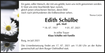 Traueranzeige von Edith Schülbe (geb. Motl)  von Magdeburger Volksstimme