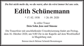 Traueranzeige von Edith Schünemann  von Magdeburger Volksstimme
