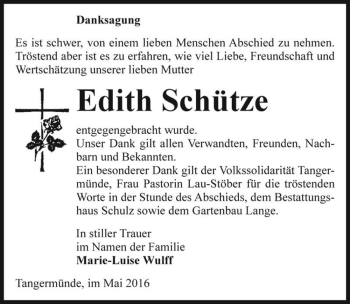 Traueranzeige von Edith Schütze  von Magdeburger Volksstimme
