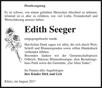 Traueranzeige von Edith Seeger  von Magdeburger Volksstimme