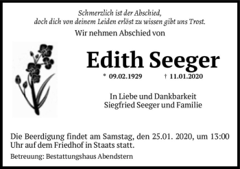 Traueranzeige von Edith Seeger  von Magdeburger Volksstimme