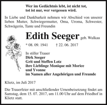 Traueranzeige von Edith Seeger (geb. Wulkau)  von Magdeburger Volksstimme