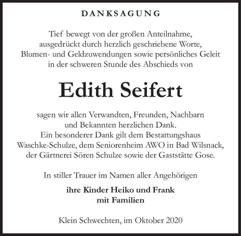  Traueranzeige für Edith Seifert  vom 06.10.2020 aus Magdeburger Volksstimme