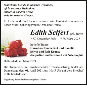 Traueranzeige von Edith Seifert (geb. Meyer)  von Magdeburger Volksstimme