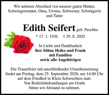 Traueranzeige von Edith Seifert (geb. Paschke)  von Magdeburger Volksstimme