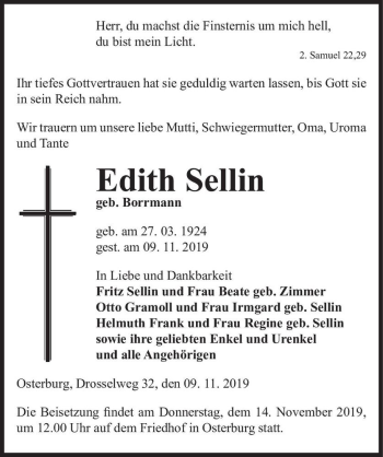Traueranzeige von Edith Sellin (geb. Borrmann)  von Magdeburger Volksstimme