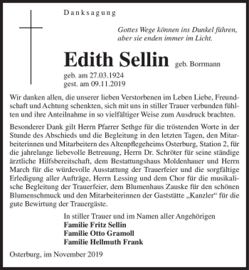 Traueranzeige von Edith Sellin (geb. Borrmann)  von Magdeburger Volksstimme