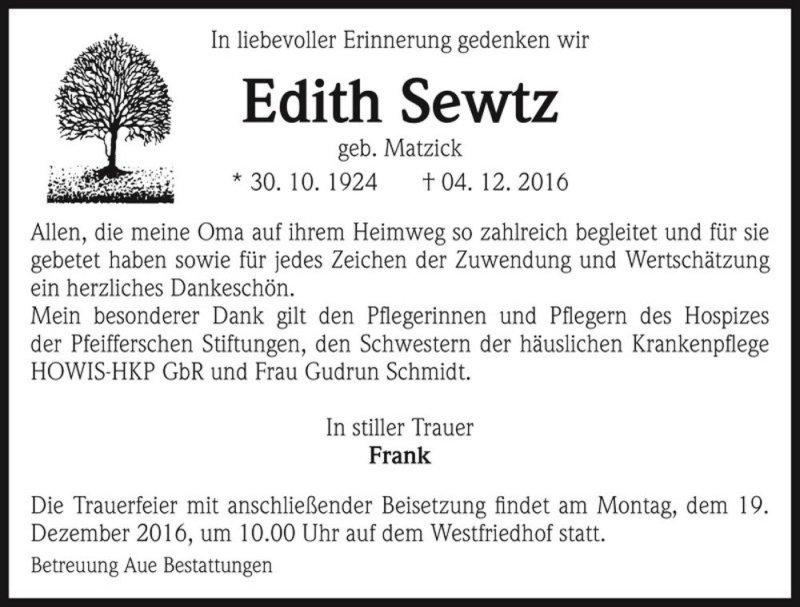  Traueranzeige für Edith Sewtz (geb. Matzick)  vom 14.12.2016 aus Magdeburger Volksstimme