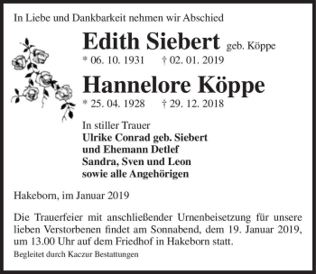 Traueranzeige von Edith Siebert (geb. Köppe)  von Magdeburger Volksstimme
