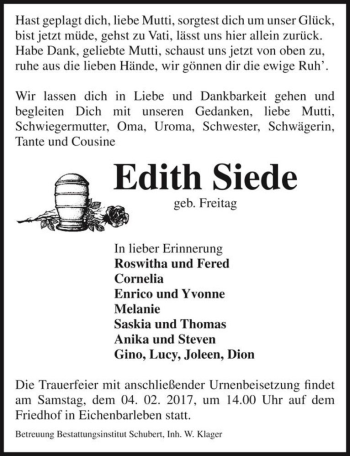Traueranzeige von Edith Siede (geb. Freitag)  von Magdeburger Volksstimme