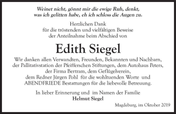 Traueranzeige von Edith Siegel  von Magdeburger Volksstimme