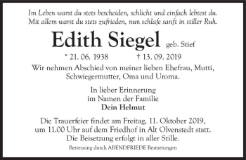 Traueranzeige von Edith Siegel (geb. Stief)  von Magdeburger Volksstimme