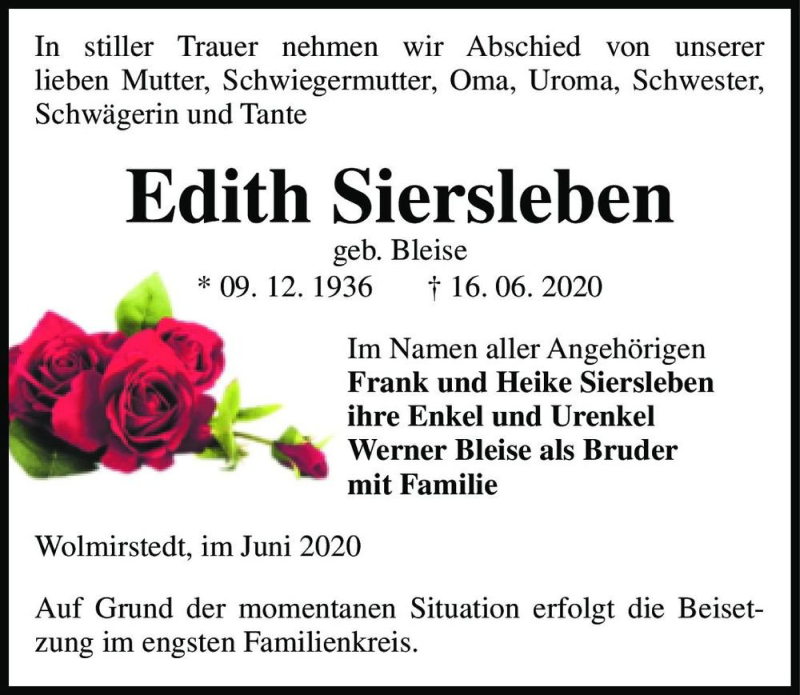  Traueranzeige für Edith Siersleben (geb. Bleise)  vom 20.06.2020 aus Magdeburger Volksstimme