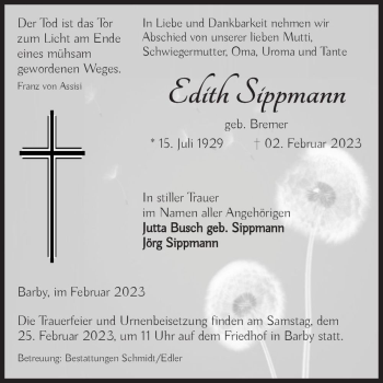 Traueranzeige von Edith Sippmann (geb. Bremer)  von Magdeburger Volksstimme
