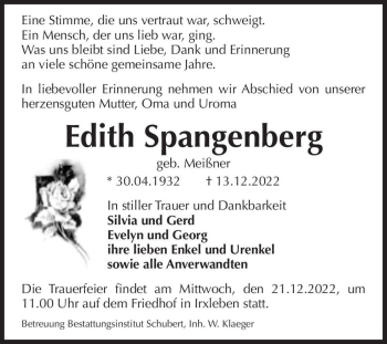 Traueranzeige von Edith Spangenberg (geb. Meißner)  von Magdeburger Volksstimme