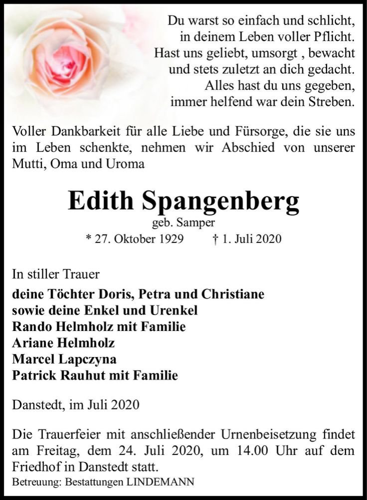  Traueranzeige für Edith Spangenberg (geb. Samper)  vom 11.07.2020 aus Magdeburger Volksstimme