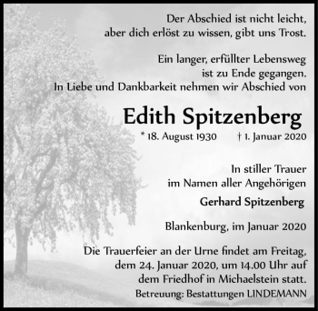 Traueranzeige von Edith Spitzenberg  von Magdeburger Volksstimme