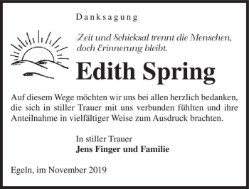 Traueranzeige von Edith Spring  von Magdeburger Volksstimme