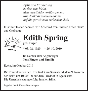 Traueranzeige von Edith Spring (geb. Finger)  von Magdeburger Volksstimme