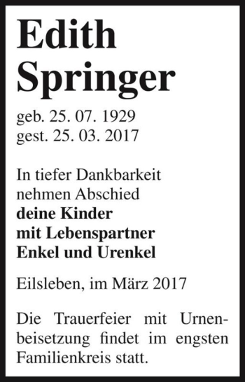 Traueranzeige von Edith Springer  von Magdeburger Volksstimme
