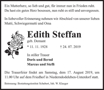 Traueranzeige von Edith Steffan (geb. Demant)  von Magdeburger Volksstimme