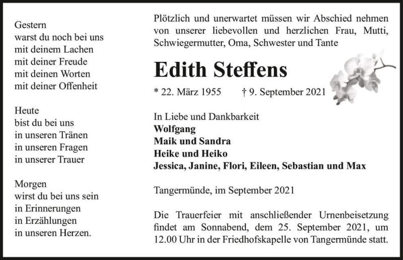  Traueranzeige für Edith Steffens  vom 11.09.2021 aus Magdeburger Volksstimme
