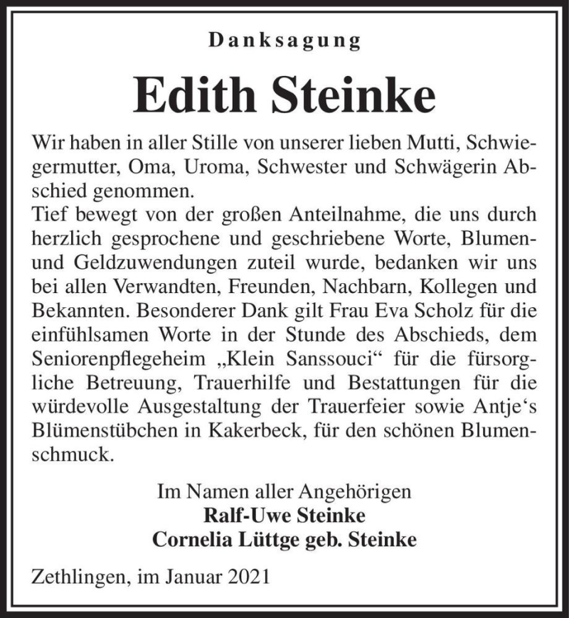  Traueranzeige für Edith Steinke  vom 09.01.2021 aus Magdeburger Volksstimme