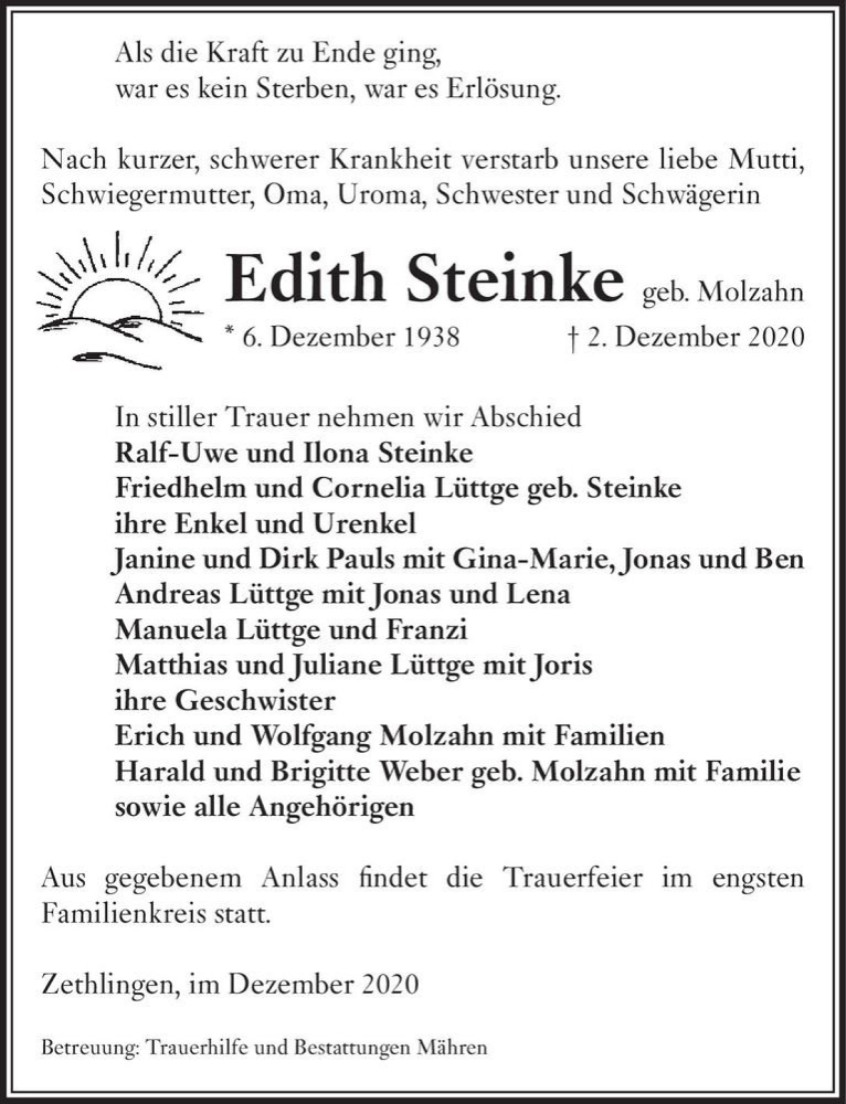 Traueranzeige für Edith Steinke (geb. Molzahn)  vom 05.12.2020 aus Magdeburger Volksstimme