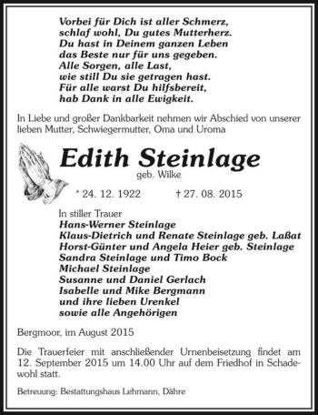 Traueranzeige von Edith Steinlage (geb. Wilke)  von Magdeburger Volksstimme