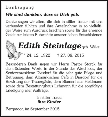 Traueranzeige von Edith Steinlage (geb. Wilke)  von Magdeburger Volksstimme