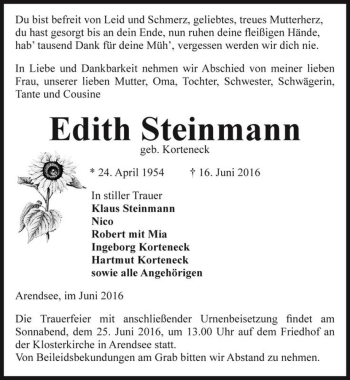 Traueranzeige von Edith Steinmann (geb. Korteneck)  von Magdeburger Volksstimme