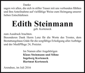Traueranzeige von Edith Steinmann (geb. Korteneck)  von Magdeburger Volksstimme
