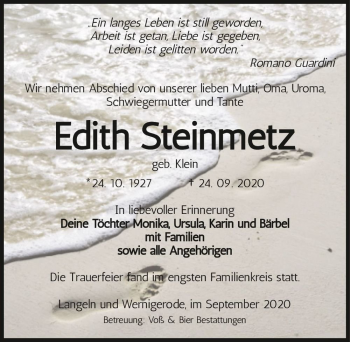 Traueranzeige von Edith Steinmetz (geb. Klein)  von Magdeburger Volksstimme