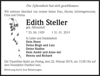 Traueranzeige von Edith Steller (geb. Mittendorf)  von Magdeburger Volksstimme