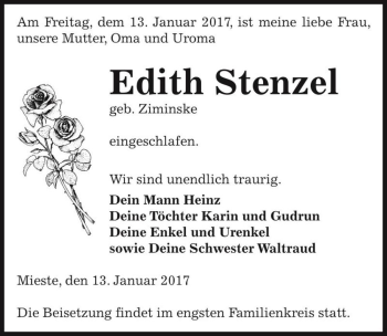 Traueranzeige von Edith Stenzel (geb. Ziminske)  von Magdeburger Volksstimme