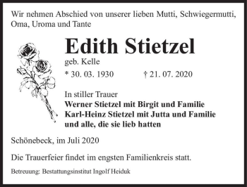 Traueranzeige von Edith Stietzel (geb. Kelle)  von Magdeburger Volksstimme