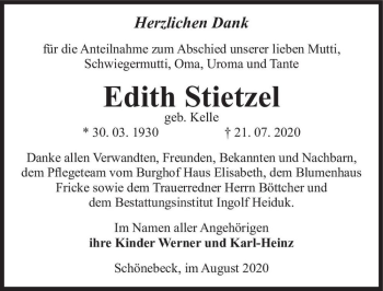 Traueranzeige von Edith Stietzel (geb. Kelle)  von Magdeburger Volksstimme