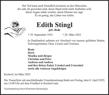 Traueranzeige von Edith Stingl (geb. Bode)  von Magdeburger Volksstimme