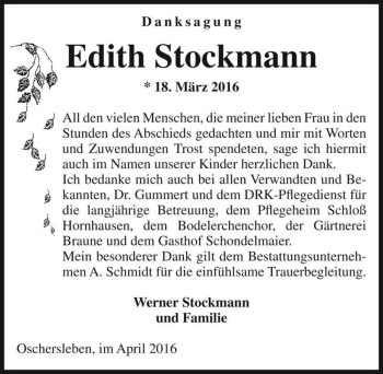 Traueranzeige von Edith Stockmann  von Magdeburger Volksstimme