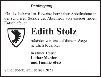 Traueranzeige von Edith Stolz  von Magdeburger Volksstimme