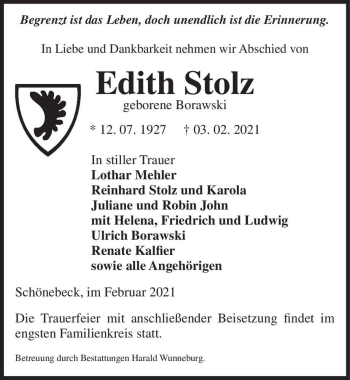Traueranzeige von Edith Stolze (geb. Borawski)  von Magdeburger Volksstimme