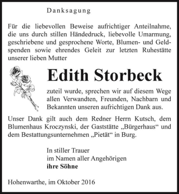 Traueranzeige von Edith Storbeck  von Magdeburger Volksstimme
