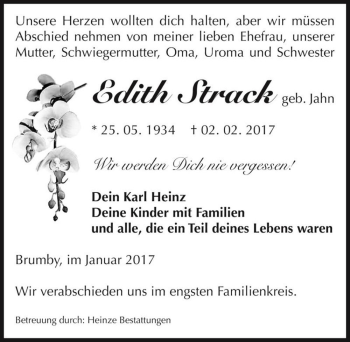 Traueranzeige von Edith Strack (geb. Jahn)  von Magdeburger Volksstimme